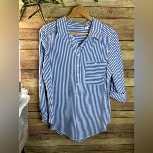 Caffe Marrakesh Blue/White Striped Tunic Adjustable Sleeves Button Up Size M